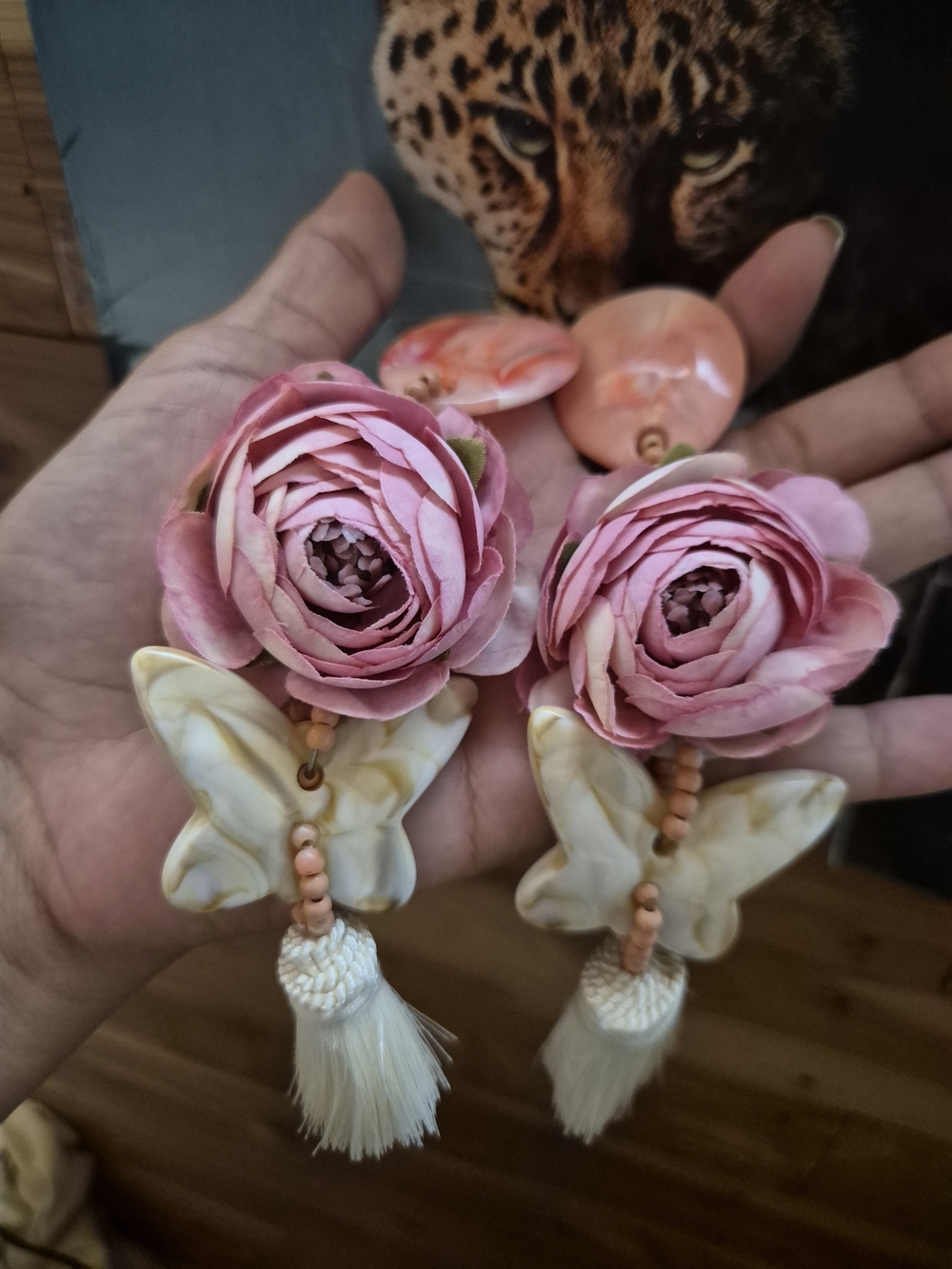 Handmade Pink Flower & Butterfly Tassel Earrings